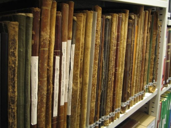 old files in leather bindings on a shelf