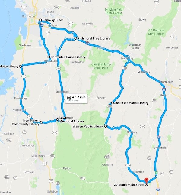 google map showing a meandering visit to seven different libraries