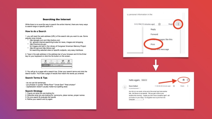Image of handout showing how to search the itnernet next to a paidr of screenshots from gmail with red circles and arrows showing how to print an email