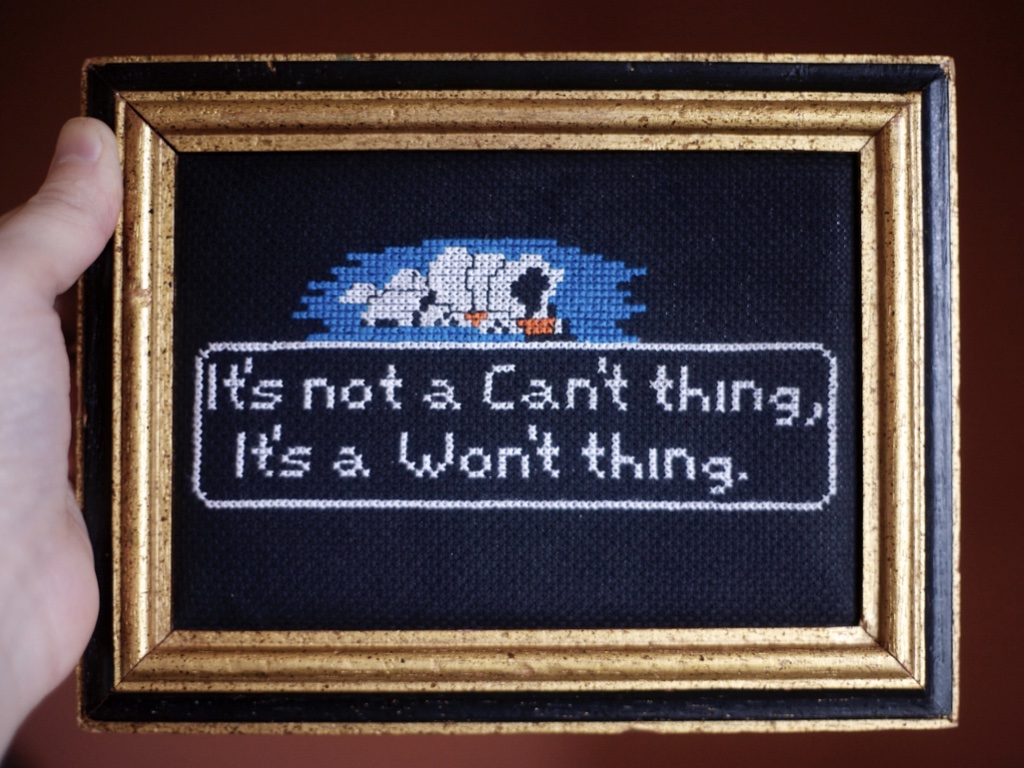 Needlepoint saying 'it's not a can't thing it's a won't thing'