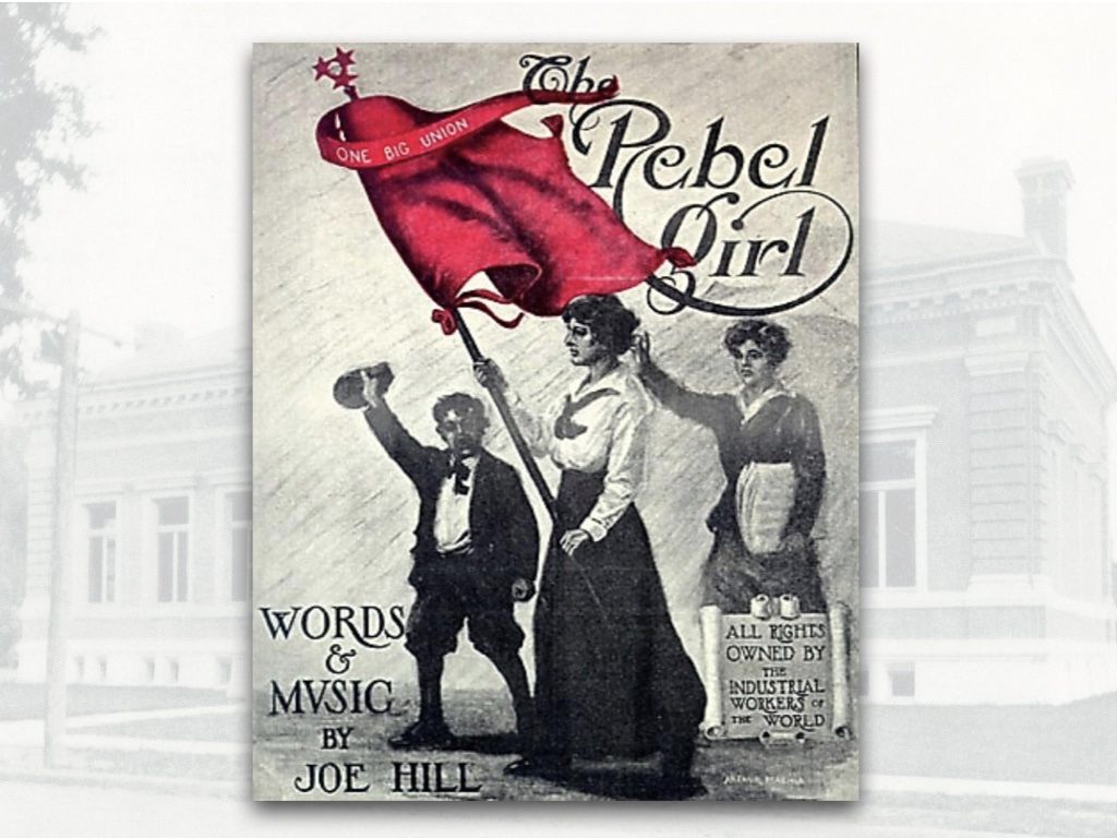 Cover of msheet music The Rebel Girl by Joe Hill featuring a woman holding a big red flag