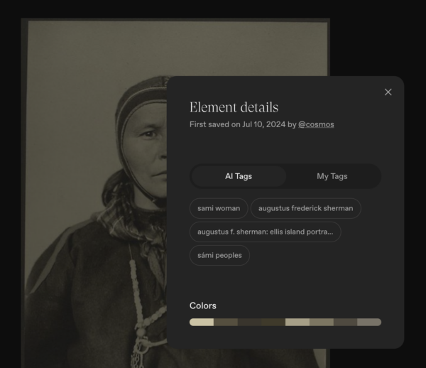 sepiatone image of a Sami woman with a pop-up over it showing the tgas that have been added to the image inclusing "Sami woman" and "Sami peoples"