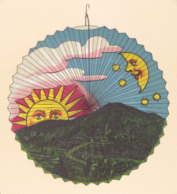 A colorful circular fan type image showing a sun with a face rising above a green hill, the smiling moon looks on from the site